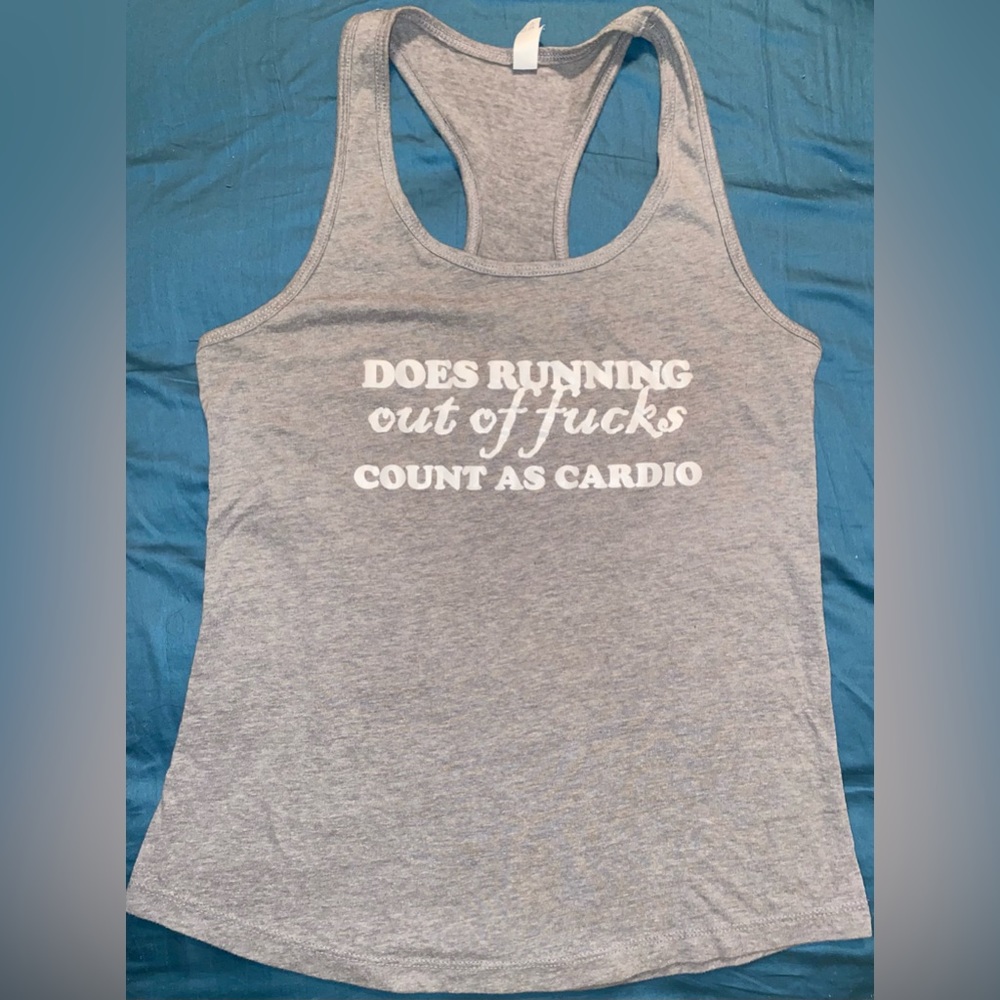 Grey Tank “Does Running Out Of F*cks-Cardio” Front, Custom,Ladies Racerback sz M